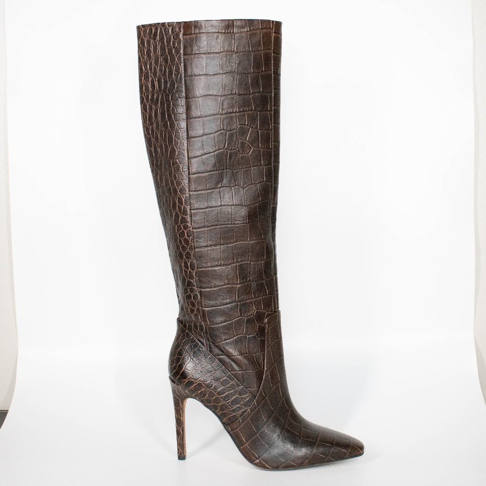 Vince Camuto Brown Croc-Embossed Heeled Boots